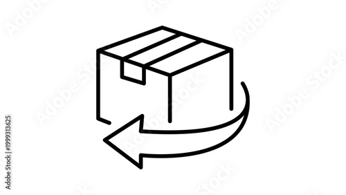 Product Return Vector Icon Illustration with Editable Stroke. Minimalist black line art of a cardboard package box with a circular return arrow, ideal for e-commerce, shipping, and logistics apps.
