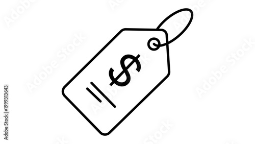 Minimalist black line vector icon of a product price tag with a dollar sign and string loop on a white background. This editable stroke vector icon is perfect for retail and commerce projects.