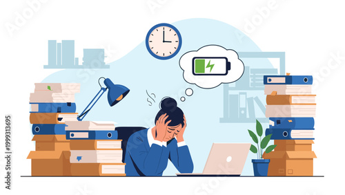 Exhausted office employee leans over her desk surrounded by stacks of files with a low battery symbol indicating burnout.