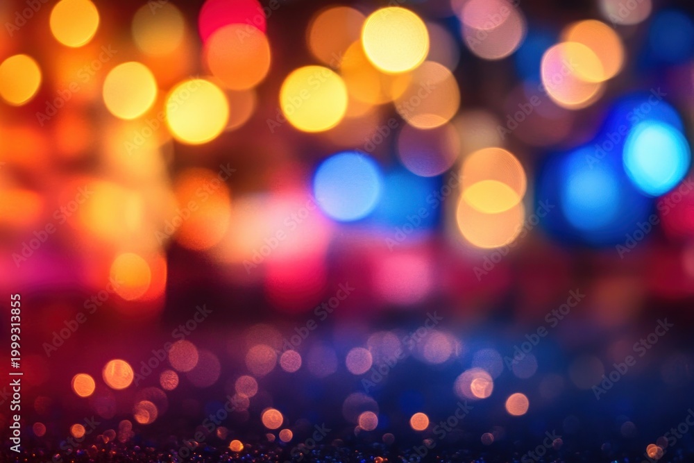 Fototapeta premium colorful blurred bokeh lights and small sparkling reflections on a dark surface, dreamy festive mood