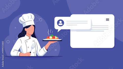 Professional female chef in a white hat holds a plate of food next to a large digital interface with a profile and message.