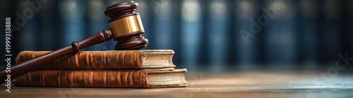 wooden gavel resting on stacked worn leather law books on a courtroom table conveying solemn authority and justice