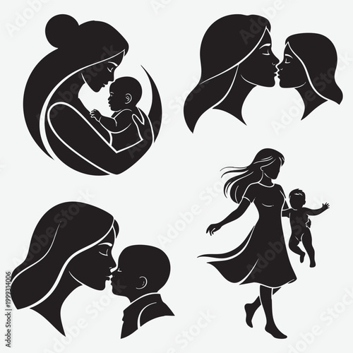 Set of four silhouette showing mother and child in various loving interactions