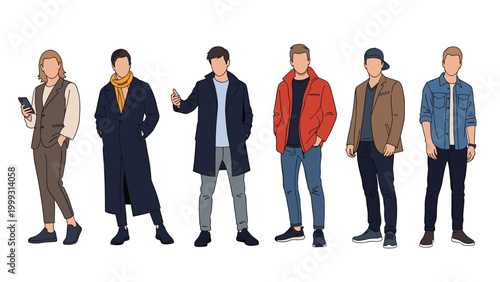 Collection of six men dressed in various stylish autumn and winter fashion outfits including coats, jackets, and accessories.