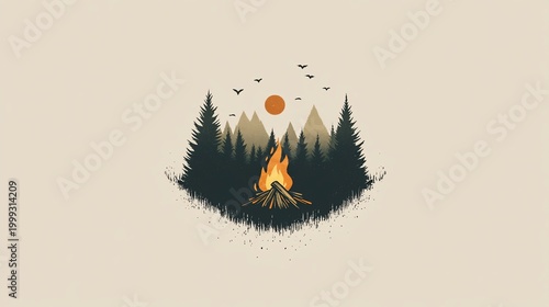 Campfire scene with sunset, mountains, and forest.