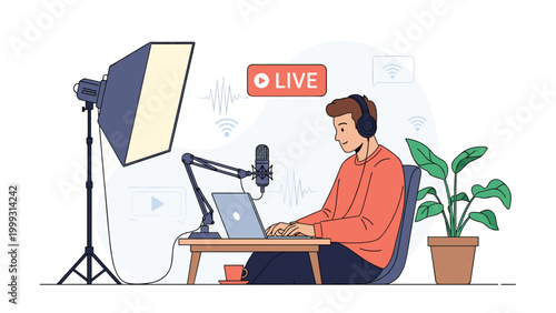 Enthusiastic male content creator podcasts and live streams from his home studio with a microphone, laptop, and softbox light.