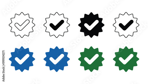 Graphic set featuring starburst badge icons with check marks in different style formats.