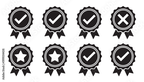 Approval guarantee award ribbon badge flat vector icon for apps and websites on white background.