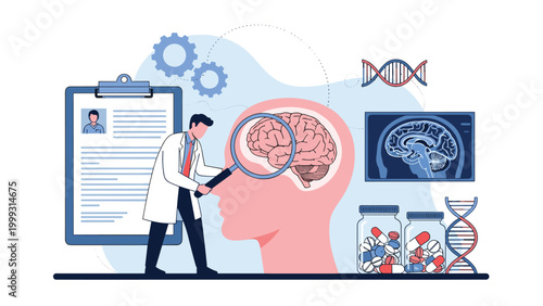 Professional medical doctor using a magnifying glass to examine a human brain illustration for neurology research.