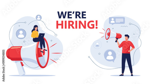 Human resources concept featuring a hiring announcement with people using megaphones to recruit new team members.