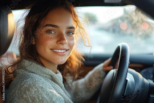 Person in driver's seat holding steering wheel with warm backlight on hair, wearing cozy sweater, soft morning sunlight through windshield, face obscured, calm contemplative mood