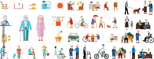 Elderly People Activities and Senior Lifestyle Vector Set. Happy Older Men and Women Characters Engaged in Hobbies, Healthcare, Socializing, and Daily Life Routine.