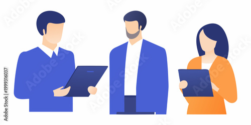 Team of three people with tablets flat vector illustration