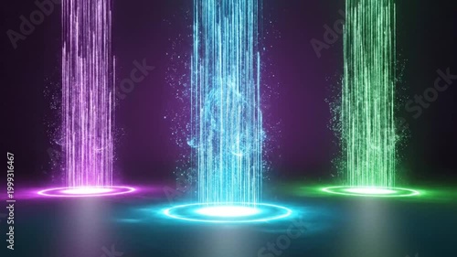 Three vibrant energy beams, purple, blue, and green, rising from glowing circles on dark reflective surface.