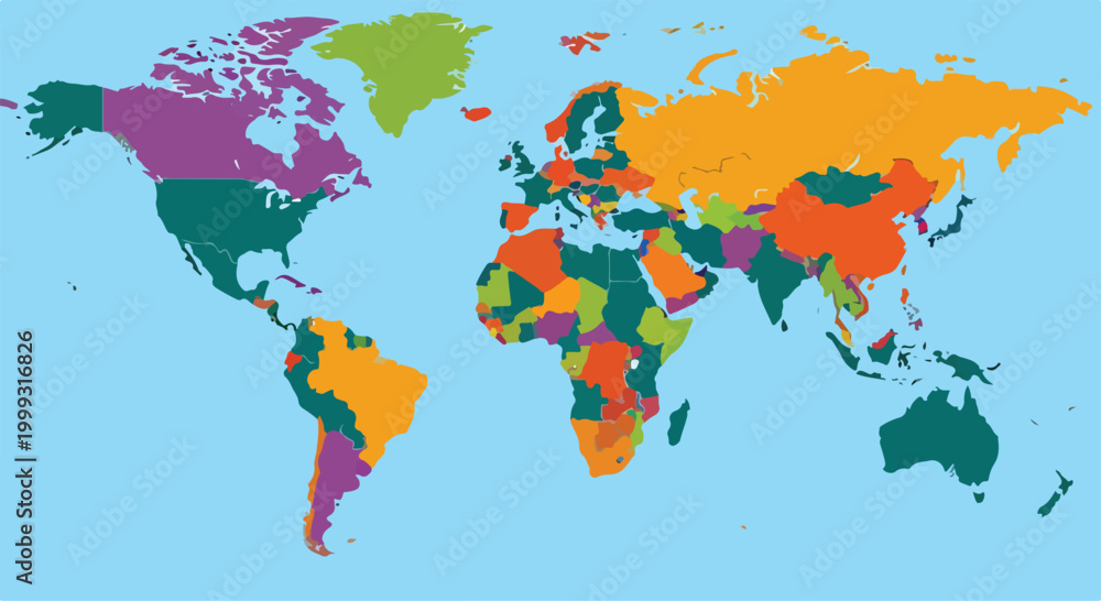 Fototapeta premium A colorful world map with countries in various bright hues