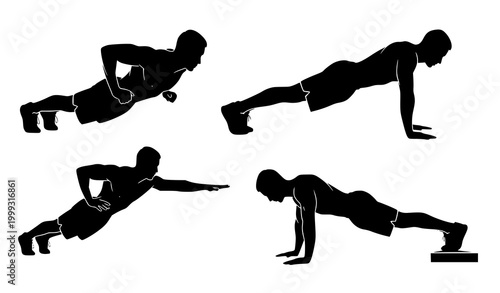 Active man push up silhouette set for sport fitness advertising vector illustration