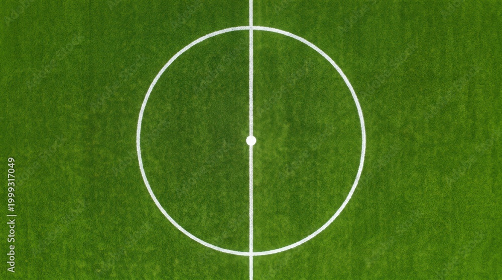 Obraz premium Soccer field center circle marked on green turf aerial view