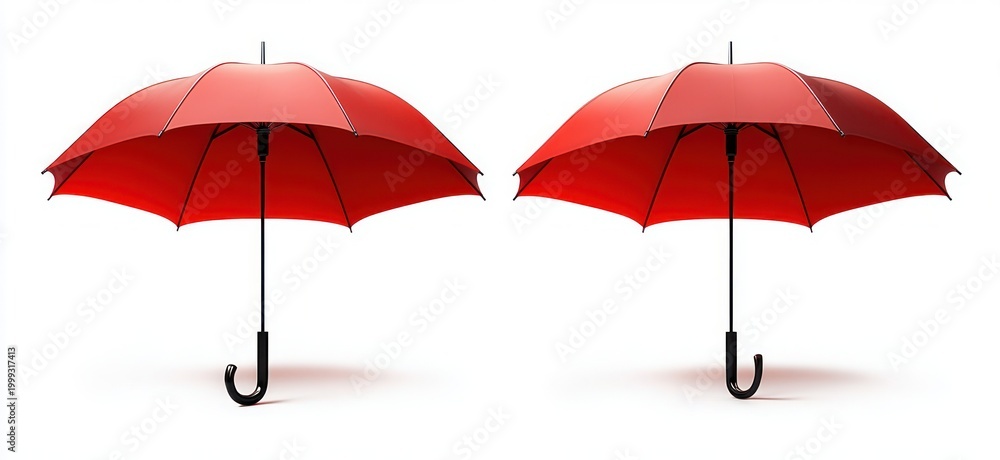 Obraz premium Two red open umbrellas with black curved handles casting soft shadows on a clean white background, evoking protection and optimism