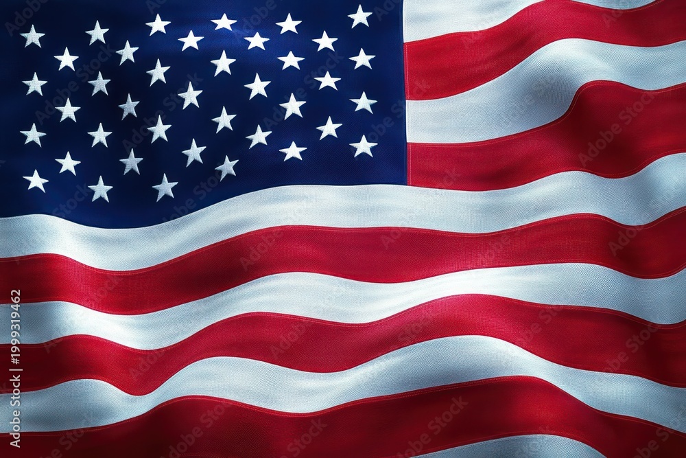 Fototapeta premium Waving American flag with fifty white stars and red and white stripes on textured fabric, rippling in light and shadow, evoking patriotism and pride
