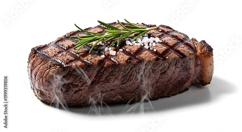 grilled steak with rosemary and salt on white background