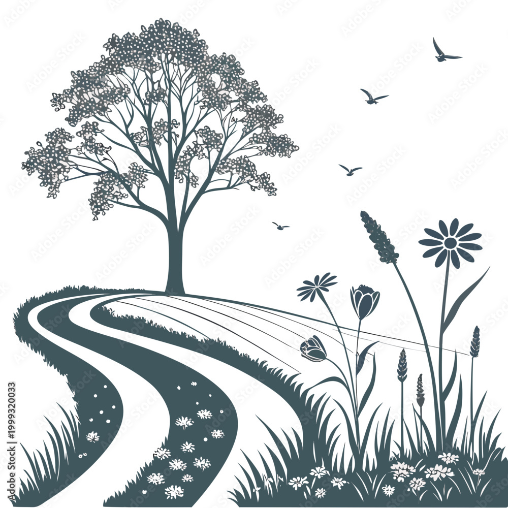 Obraz premium Floral landscape with winding path tree and birds vector illustration