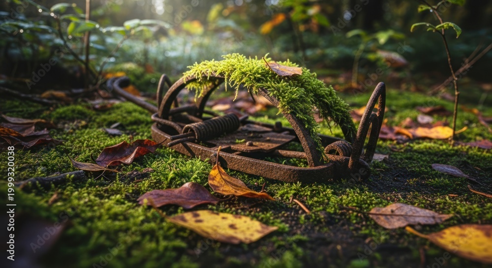 Obraz premium Old rusty animal trap covered in moss and fallen leaves in a forest.
