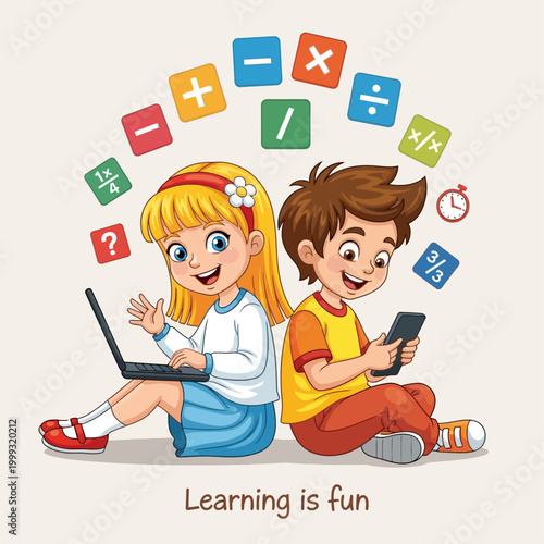 Two children sitting on floor using laptop and tablet with math symbols floating around them