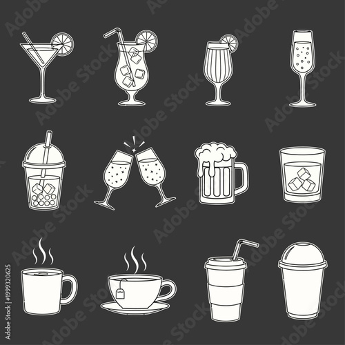 A collection of various drinks including cocktails, coffee, and soda are illustrated.