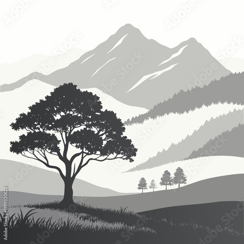 Mountain landscape with tree silhouette grayscale vector illustration high quality professional
