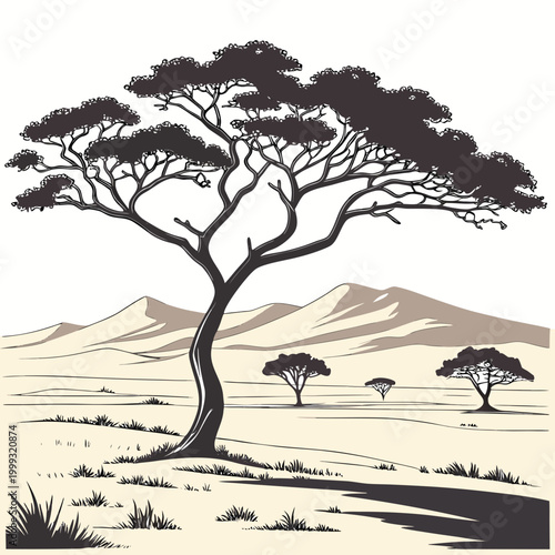 Desert landscape with acacia trees and distant mountain range vector illustration