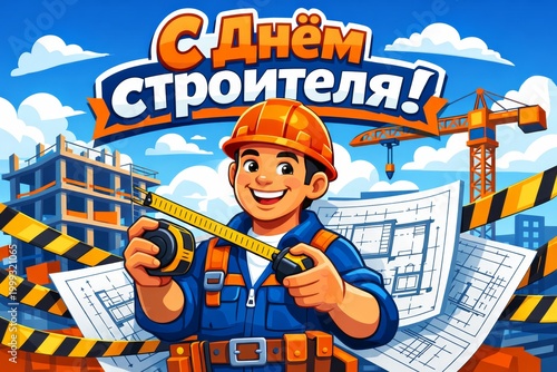 horizontal illustration of smiling construction worker wearing safety helmet and work uniform, holding measuring tape at construction site. background shows active building area in blue and orange