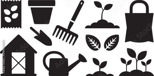 Black and white silhouette of gardening tools plants and a greenhouse planting seeds