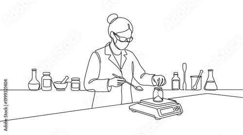 Continuous one line drawing of a scientist performing chemical measurements in a laboratory.