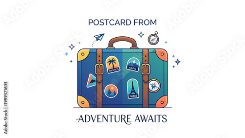 Colorful travel suitcase with stickers and adventure theme design  