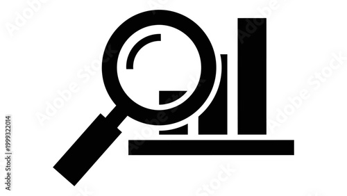 Magnifying glass icon over a bar chart, representing data analysis, market research, and business performance tracking