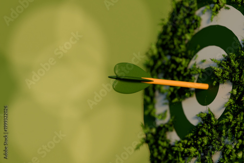 Hitting Sustainability Targets: Dart in the Center of a Green Foliage Bullseye, 3d Rendering