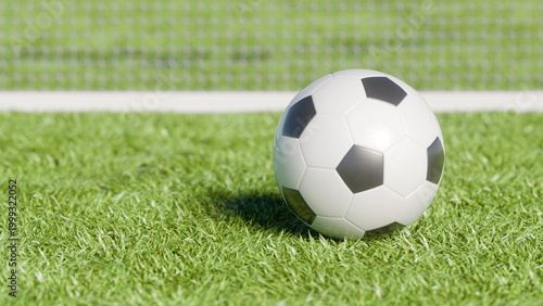 Soccer Ball on Green Grass Field: Stadium Background, 3D Rendering
