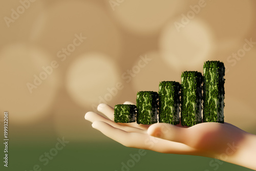 Sustainable Business Growth: Human Hand Holding Green Foliage Bar Chart, 3D Rendering