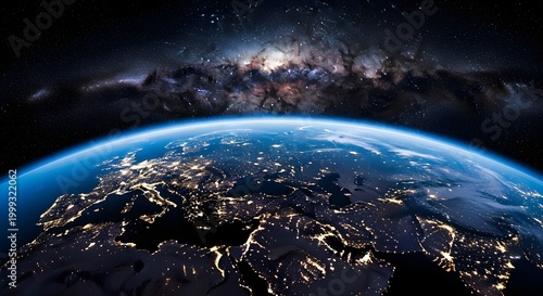 Ultra-realistic view of Earth from low orbit at night, glowing city lights across continents, deep blue atmosphere curve, vast starfield and Milky Way in background, cinematic lighting, high detail, 