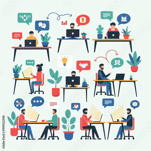 A colorful illustration of people working together at desks