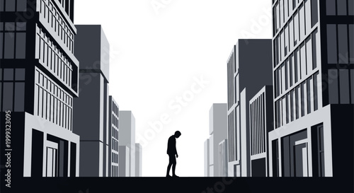 Lonely man walks down city street with tall buildings around him