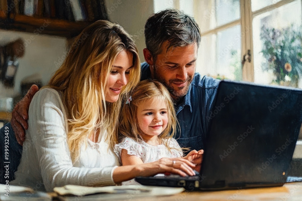 Obraz premium mother, father and young child cuddled at a kitchen table using a laptop in a warm cozy home scene of togetherness, affection and focused learning