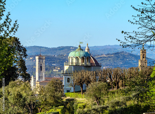 Text Title (20 words, initial case):

Panoramic View Of Florence Italy From Boboli Gardens Featuring The Copper Dome Of Palazzina Di Aniolini And Historic Renaissance Architecture