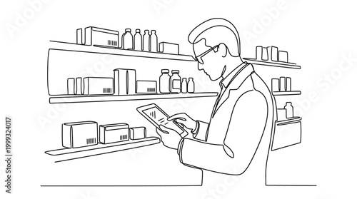 Continuous line drawing of a pharmacist using a digital tablet in a pharmacy.