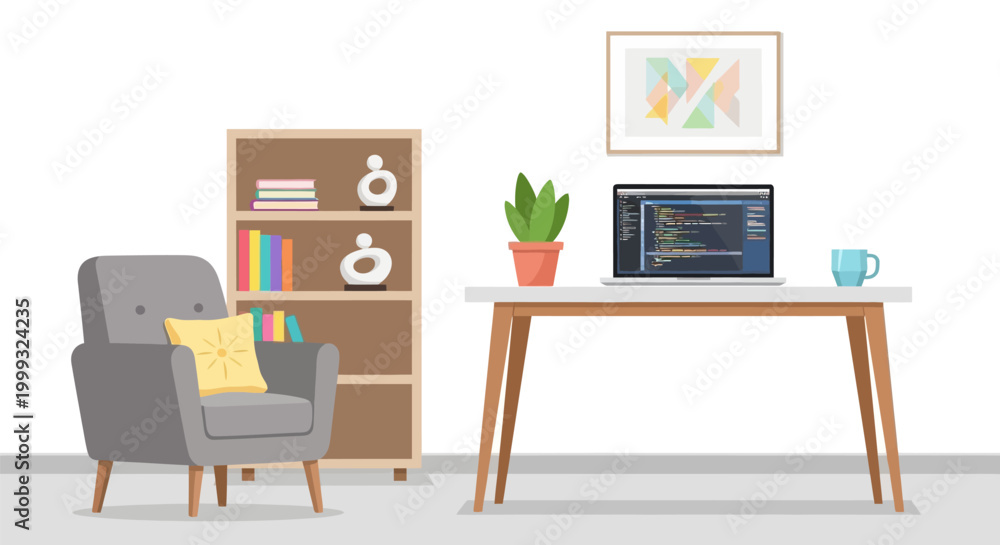 Fototapeta premium home office setup with laptop bookshelf and comfortable armchair