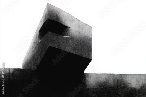 dramatic concrete cantilever with curved recess above textured wall against bright sky, stark geometric brutalist silhouette evoking monolithic and moody atmosphere