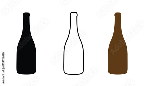 Three simple vector icons of wine bottles, presented in solid black, white outline, and a brown filled design.