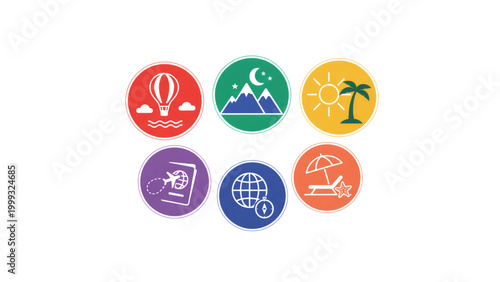 Travel icons representing adventure, nature, and relaxation activities  