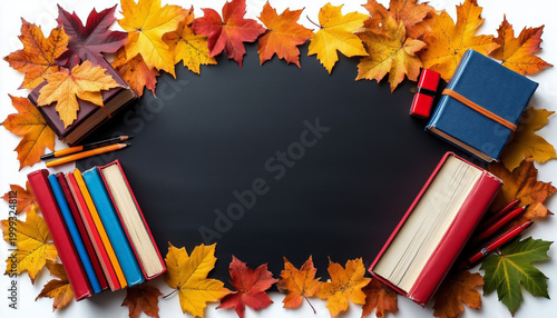 Fall Flat Lay Composition Featuring Yellow Autumn Leaves and Old School Books