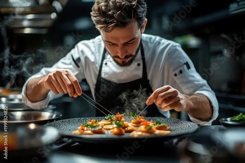 focused chef carefully plating steaming gourmet appetizers with tweezers on a black textured plate in a busy professional kitchen